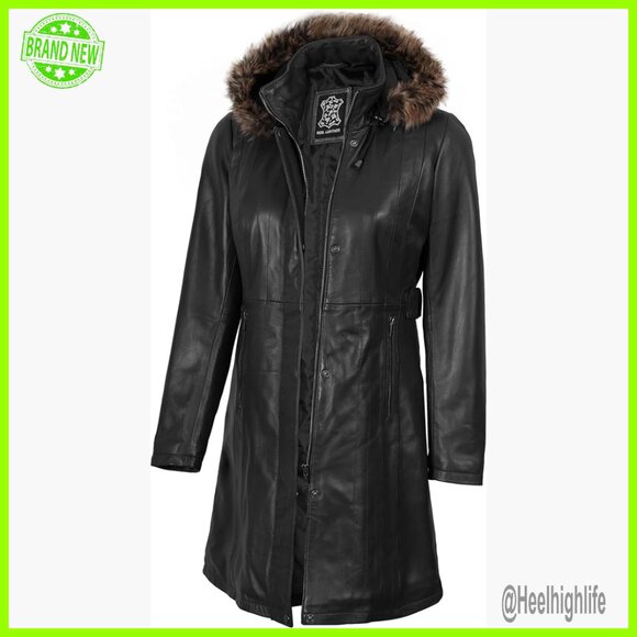Women's Real Lambskin Leather Long Coat with Fur Hood Zipper Closure